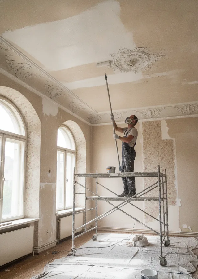 Peintre en bâtiment sur échafaudage dans le Nord